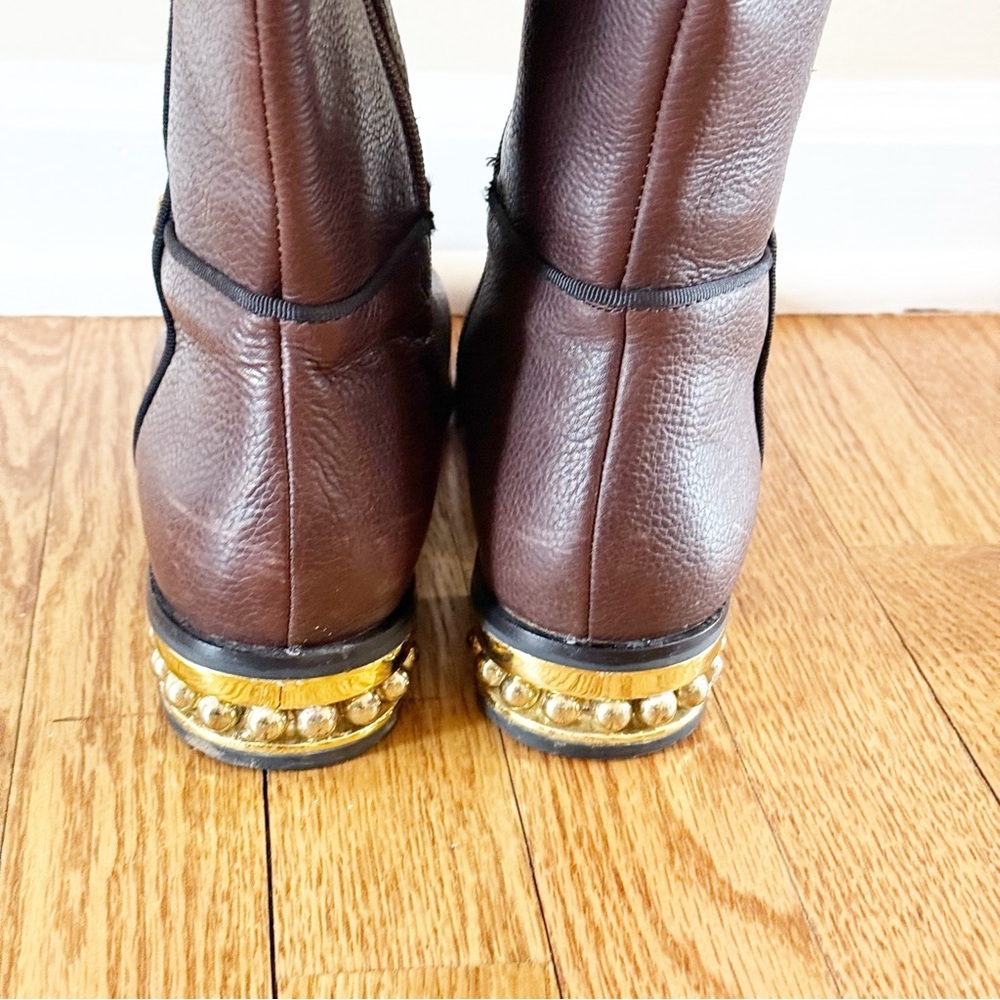 KARL LAGERFELD Seine Metal Pearl Embellished Knee-High Leather Boots Brown 8 - Picture 14 of 14